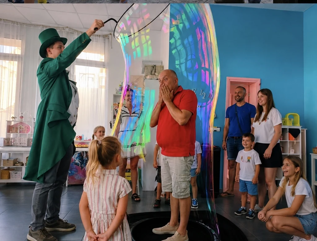Stariji član porodice u džinovskom balonu tokom Bubbleman show-a